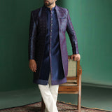Navy Blue And White Jacquard Sherwani Set