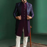 Deep Purple And White Solid Jacquard Sherwani Set