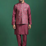 Red Cotton Blend Kurta Set With Floral Printed Nehru Jacket