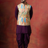 Dark Purple Cotton Kurta Set With Nehru Jacket