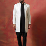 Black And White Cotton Blend Solid Sherwani Set