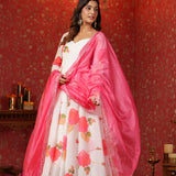 White Chanderi Floral Printed Anarkali Set