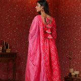 Bright Pink Chanderi Bandhani Printed Anarkali Set