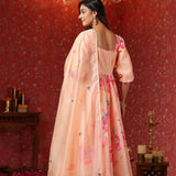 Peach Chanderi Floral Printed Anarkali Set