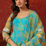 Cerulean Blue Organza Printed Anarkali Set