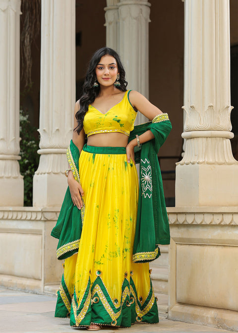 <img> Golden Fizz Yellow Chinon Shibori Lehenga Set