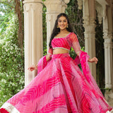 French Rose Organza Bandhani Printed Lehenga Set