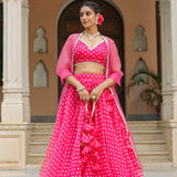 Bright Pink Organza Bandhani Printed Lehenga Set