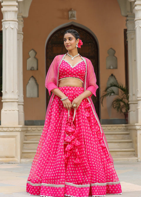 <img> Bright Pink Organza Bandhani Printed Lehenga Set