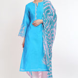 Capri Blue Raw Silk Floral Embroidered Kurti Set