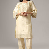 Cream Raw Silk Kurti With Palazzo Pants And Dupatta