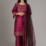 Purple Raw Silk Kurti With Palazzo Pants And Dupatta