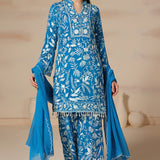 Aqua Blue Georgette Embroidered Kurti Set With Loose Pants
