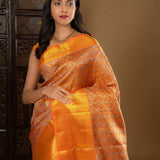 Bright Orange Floral Kanjivaram Silk Saree