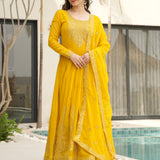 Orange Tinted Bright Yellow Faux Georgette Anarkali Set