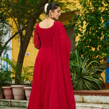 Red Faux Blooming Embroidered Anarkali Set With Slit