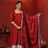 Maroon Cotton Floral Printed Anarkali Set