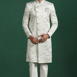 Ceramic White Printed Cotton Blend Sherwani Set