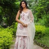 White Cotton Floral Printed Sharara Set