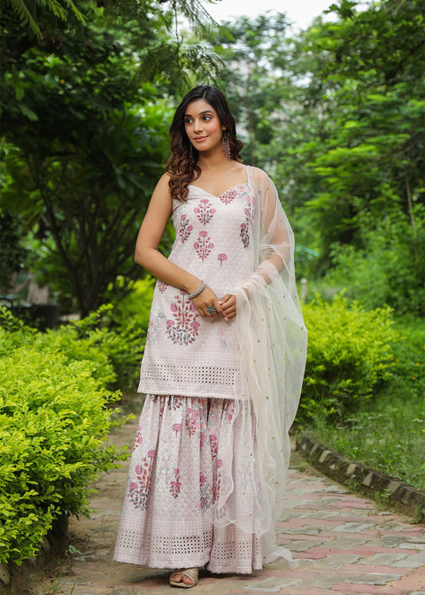 <img> White Cotton Floral Printed Sharara Set
