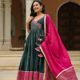 Dark Green Cotton Silk Gotta Work Anarkali Set