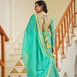 Turquoise Blue Cotton Floral Printed Anarkali Set