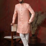 Peach Pink Cotton Blend Printed Sherwani Set