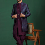 Deep Purple Solid Jacquard Sherwani Set