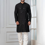 Black Cotton Silk Embroidered Kurta Set