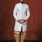 White And Beige Cotton Blend Embroidered Sherwani Set
