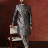 Grey Cotton Blend Printed Sherwani Set