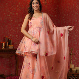 Salmon Pink Organza Floral Sharara Set