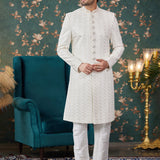 Cream Art Silk Sherwani Set