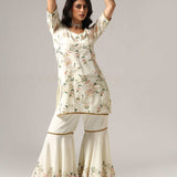 Cream French Crepe Kurti With Sharara And Dupatta