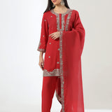 Apple Red Georgette Embroidered Kurti Set