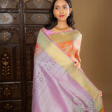 Pinkish Orange Floral Kanjivaram Silk Saree