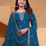Teal Blue Silk Embroidered Sharara Set