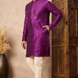 Warm Purple Cotton Blend Mirror Work Kurta Set
