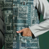 Mint Green Cotton Blend Kurta Set With Printed Nehru Jacket