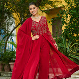 Red Faux Blooming Embroidered Anarkali Set With Slit