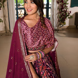 Wine Satin Printed Lehenga Set