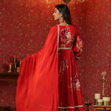 Bright Red Chinon Floral Printed Anarkali Set