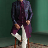 Deep Purple And White Solid Jacquard Sherwani Set