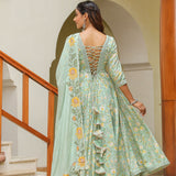 Mint Green Cotton Floral Printed Anarkali Set
