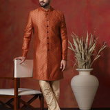 Dark Orange Printed Cotton Blend Sherwani Set