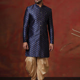 Dark Blue Cotton Blend Printed Sherwani Set