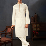 White Cotton Kurta Set With Embroidered Neck