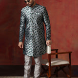 Charcoal Grey Cotton Blend Printed Sherwani Set