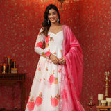 White Chanderi Floral Printed Anarkali Set