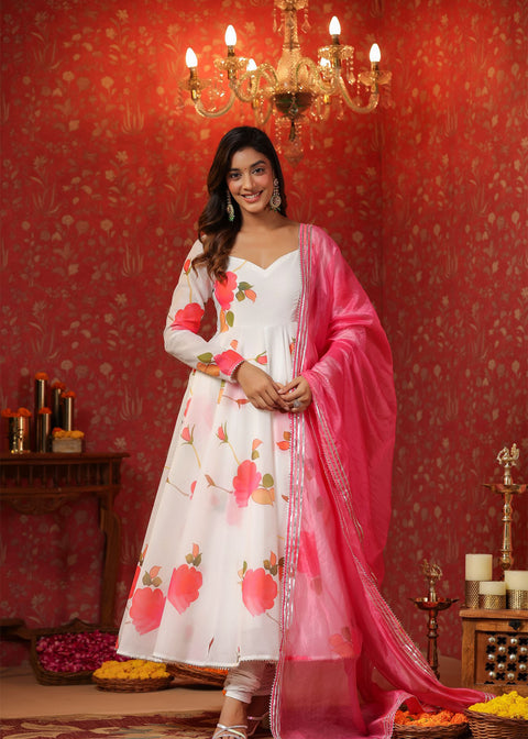 <img> White Chanderi Floral Printed Anarkali Set